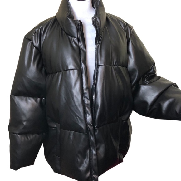 Plus Size Puffer Jacket Black Vegan Leather Fully Lined Pockets Womens 4X NEW - Picture 9 of 16